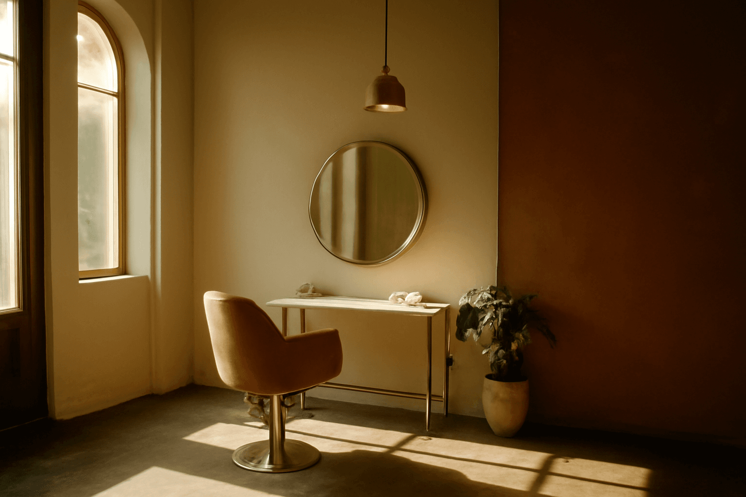 ChairShare salon — Yarraville flagship — golden hour interior with brass styling station and dusty-rose velvet chair