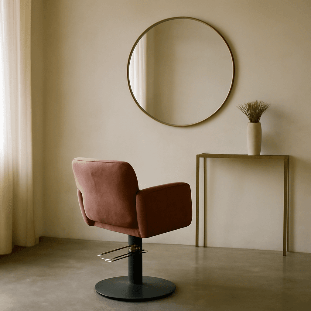 Studio West — minimalist single-chair Footscray salon with dusty-rose styling chair