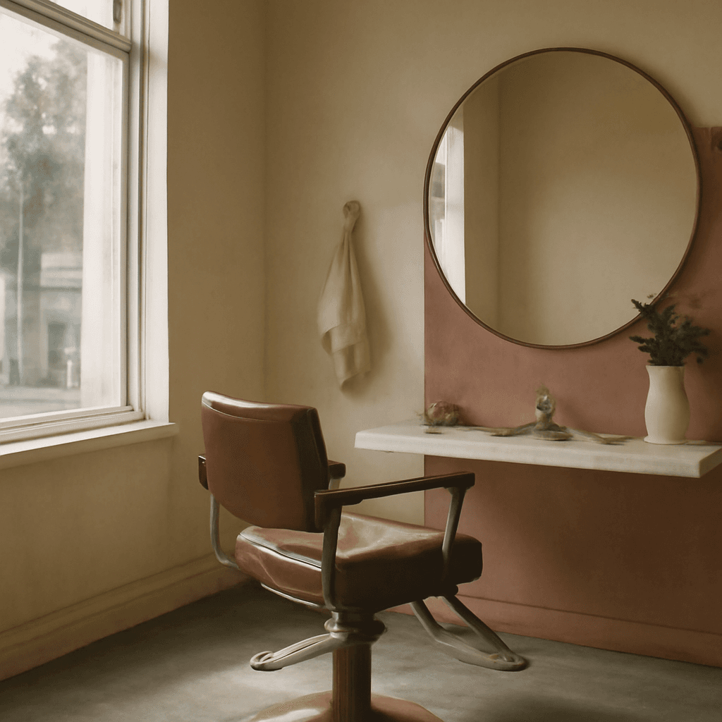 Yarraville salon front room — brass styling station awaiting a new practitioner