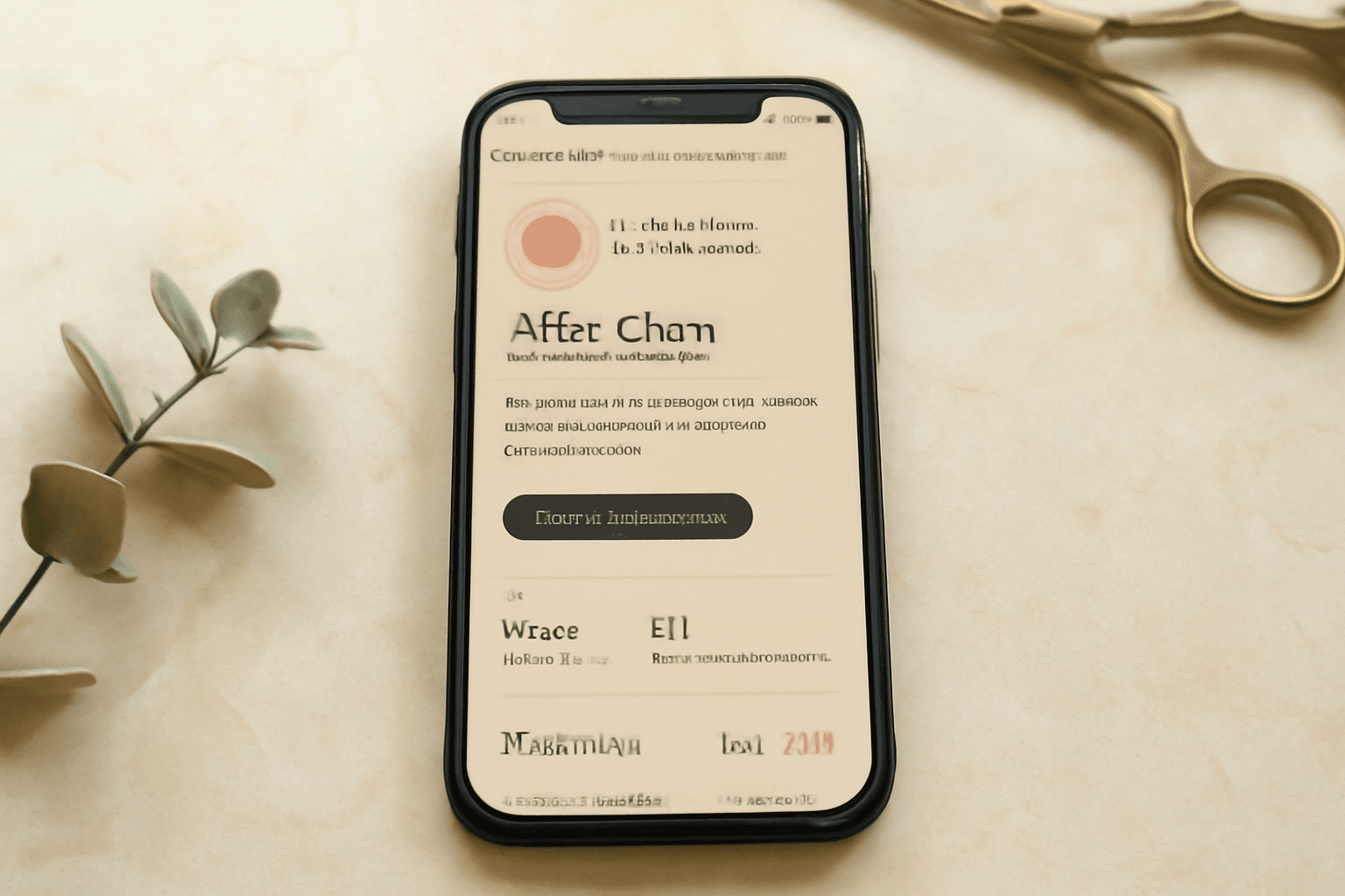 iPhone on a cream marble salon counter showing the ChairShare practitioner booking page