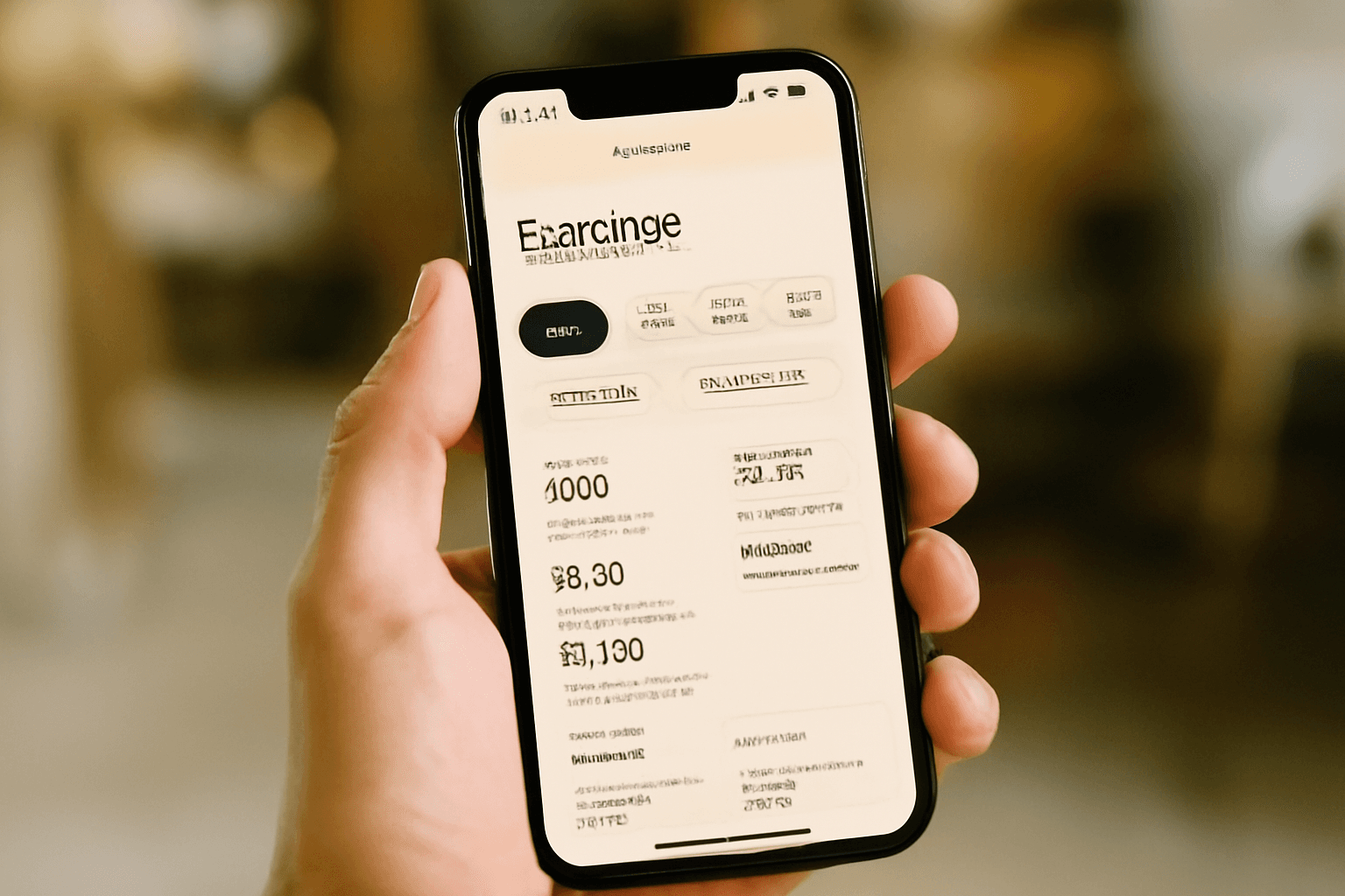 Hand holding an iPhone displaying the ChairShare earnings dashboard against a blurred warm salon background